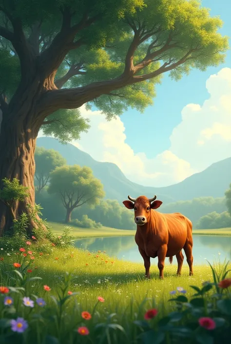 A cow eating grass a field beside a pond and a big tree front 
