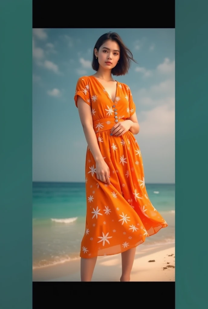 mdnn, unclothe,(sharp focus:1.2), portrait, attractive young woman, (beautiful face:1.1), detailed eyes, luscious lips, (eye makeup:1.2), (tight body:1.2), wearing (flowery dress:1.2) at (the beach:1.2). (morning sun lighting:1.2), depth of field, bokeh, 4...