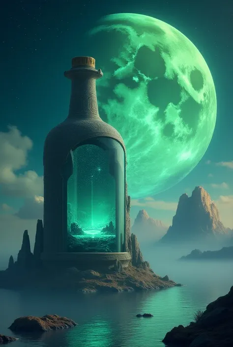 a colossal bottle which contained a majectic lake ,  very high quality and Very detailed scene , Octane render, Starry Sky , Dreams , Giant green Moon , Vaut of heaven , Inspiration, Imagination  