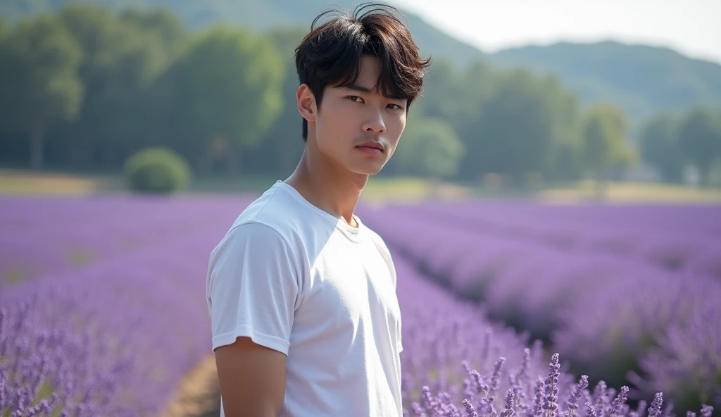  Japanese, 23-26, Handsome man,  fair skin, black eyes（thin eyes 1：3), (Super detailed, best quality, 4K, High resolution, masterpiece:1.3)  Lavender field, summer outfit,  short tee