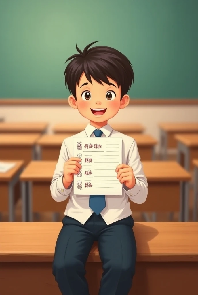 Please create an illustration of a boy wearing a school uniform, sitting on a school bench, holding a test paper with a score of 100 in his hand."