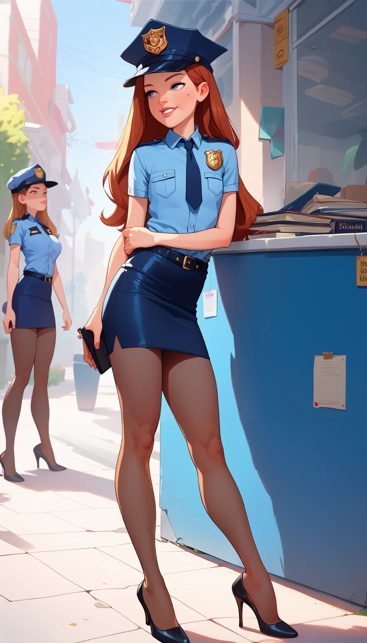 nsfw, masterpiece, highest quality, high resolution, very detailed, young face, mole, short height, police officer, hat, mini sk...