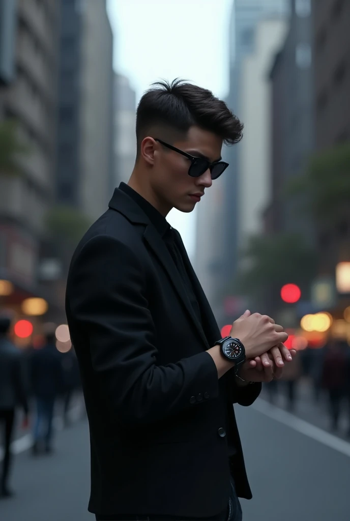 A young man on the street wearing dark glasses looking at the time on the smartwatch watch 