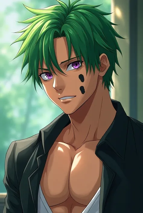 Young man 18 years old green hair purple eyes purple eyes style one piece style a little bit of abs makes the older boy make him a black mark on the left cheek 