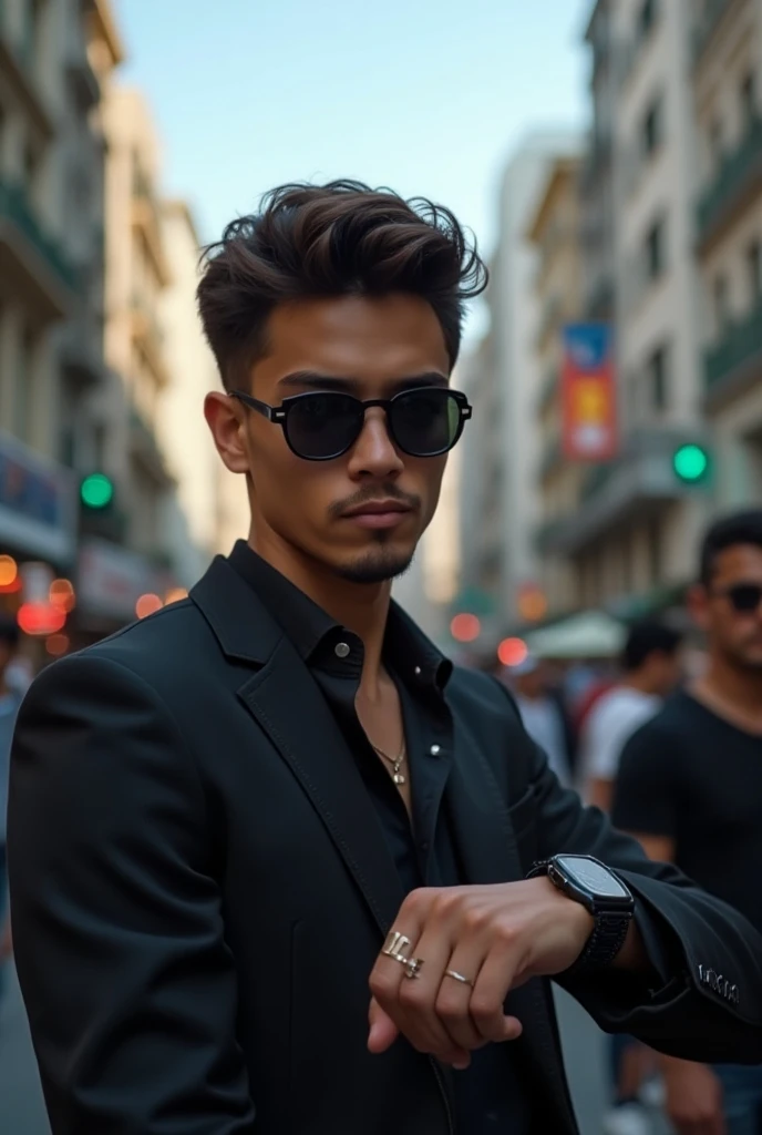 A young man on the streets of São Paulo wearing dark glasses looking at the time on the smartwatch 