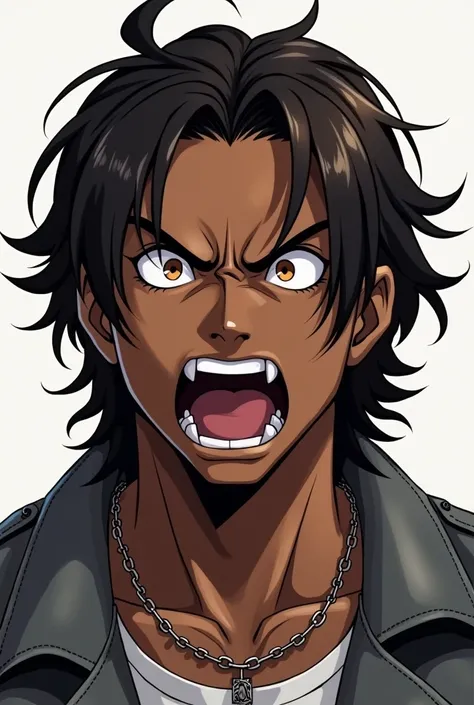 portrait , black male, gray leather jacket, brown eyes, medium-long dark brown hair, necklace, mugshot, rage and other expressions , anime