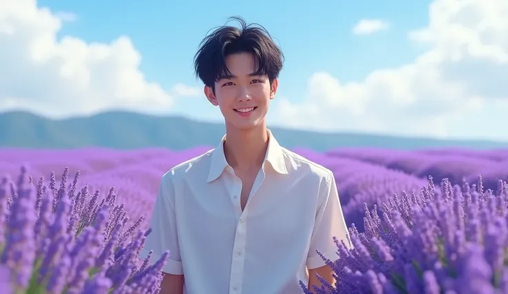  Japanese, 23-26, Handsome man,  fair skin, black eyes（thin eyes 1：3), (Super detailed, best quality, 4K, High resolution, masterpiece:1.3)  Lavender field, summer outfit,  short tee, smile