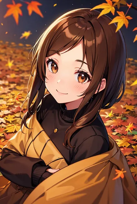 autumn leaves,night,Brown haired girl, Brown Eyes , Looking ,far and near method,smile