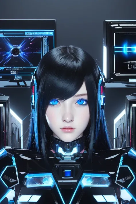 girl with blue eyes and black hair in front of a computer, portrait  space cadet girl, robot!! ,fully robotic!! girl, anime mecha aesthetic, cyberpunk girl mech, anime girl of the future, digital cyberpunk anime art, android heroine, anime cyborg, cyberpun...