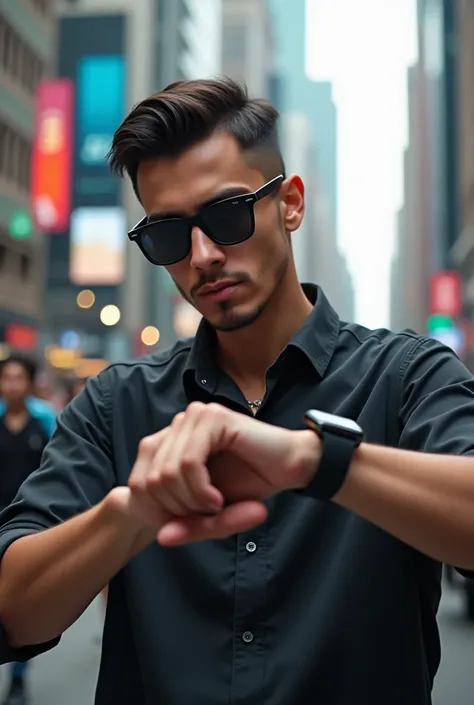 A young man on the streets of São Paulo wearing dark glasses looking at the time on the smartwatch 