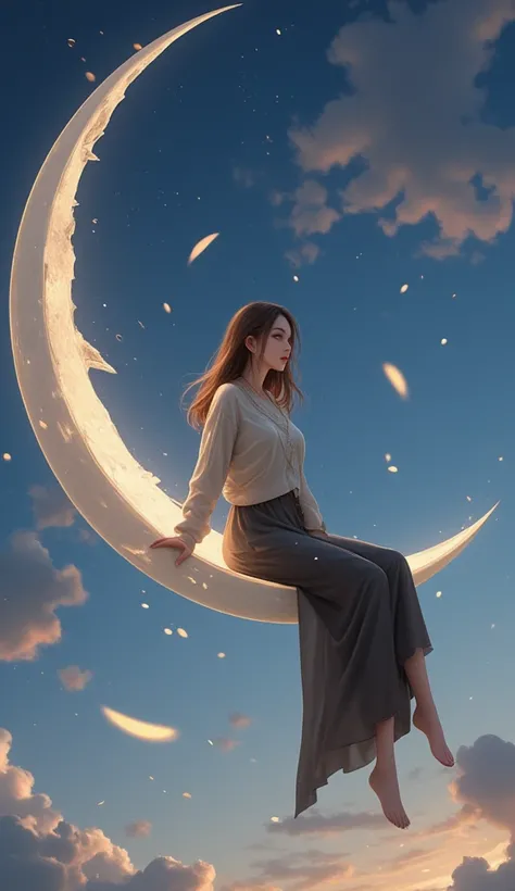 beautiful woman sitting on a crescent moon, looking into the distance, girly loose sweater and long skirt, various effects