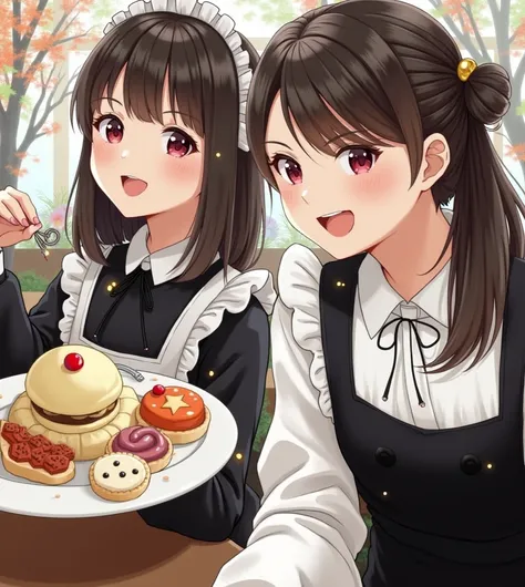 Two girls are taking pictures with plates of food, Japanese maid cafe, cutecore, sakimichan, Yoshitomo Nara and Aya Takano, 🍁 cute, shikamimi,  Kojima Ayami and Lydia Caldwell, 🚿🗝📝, ❤🔥🍄🌪, Ulzzang, yuruyuri, Sakimi-chan