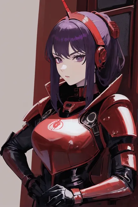 a beautiful young girl in a red and black leather catsuit, black breastplate, dark green shoulderpads, highly skilled and cool ace pilot, shoulder-length purple hair, beautiful sharp eyes, wearing intricate futuristic armor, in a stunning science fiction a...