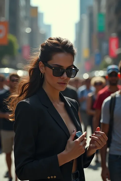 A woman on the streets of São Paulo wearing dark glasses looking at the time on the smartwatch 