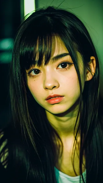 ultrahigh-res,best quality and best aesthetic,(film photography:1.2),film grain,film particles,grainy,from front,flash photography, a photo of a 20-year-old Japanese idol, solo focus, black hair, looking at viewer, mascara,black eyes,long hair, eye shadow,...