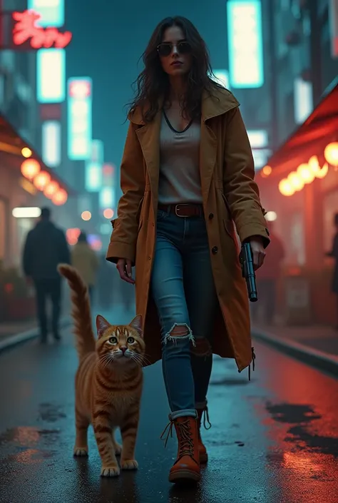  in the middle of the night in the neon district of Tokyo with the cutest brown tiger pattern kitten in the world and Magnum in her right hand４４The cutest  in the world with the cutest  in the world walks side by side 、((Realistic:1.3))、Smoky Streetscape 、...