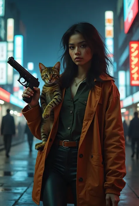  in the middle of the night in the neon district of Tokyo with the cutest brown tiger pattern kitten in the world and Magnum in her right hand４４The cutest  in the world with the cutest  in the world walks side by side 、((Realistic:1.3))、Smoky Streetscape 、...