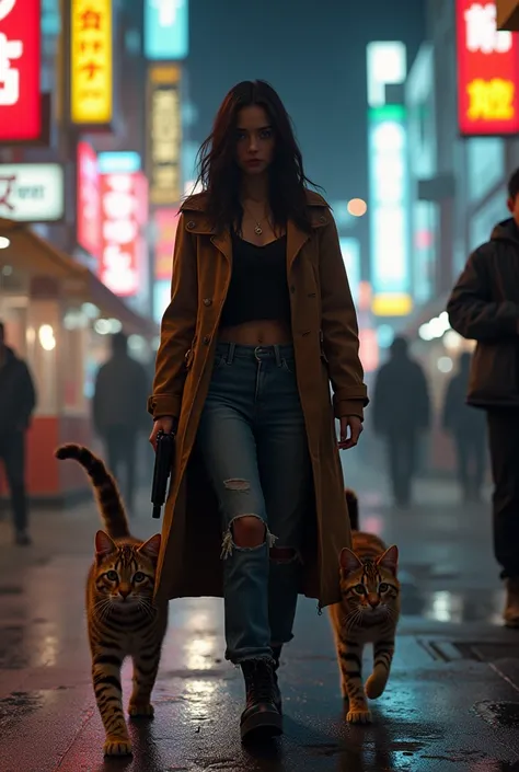  in the middle of the night in the neon district of Tokyo with the cutest brown tiger pattern kitten in the world and Magnum in her right hand４４The cutest  in the world with the cutest  in the world walks side by side 、((Realistic:1.3))、Smoky Streetscape 、...