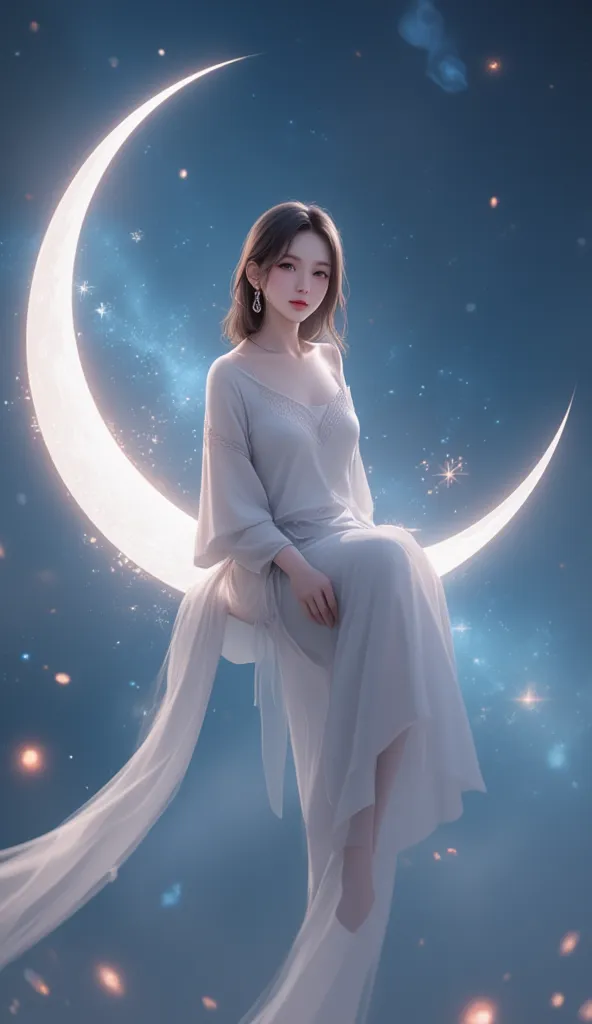 beautiful woman sitting on a crescent moon, girly loose sweater and long skirt, various effects