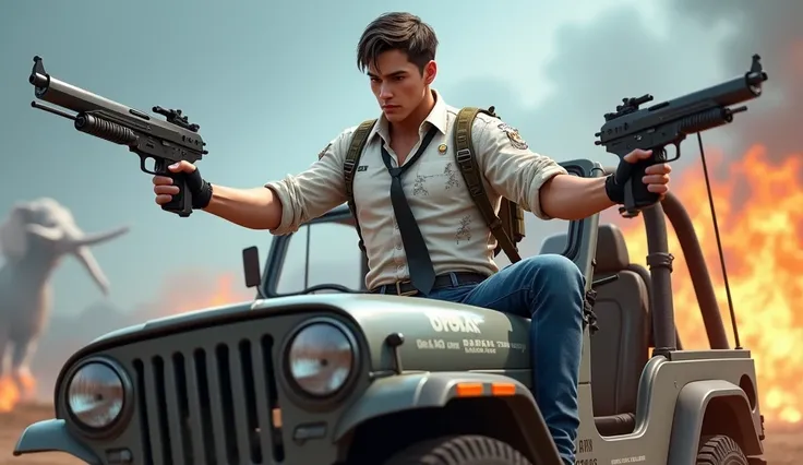 young man, wearing destroyed white button shirt with black tie, half hand gloves, blue jeans, short hair, army harness, ride jeep, holding a dual guns, PUBG background Standing ice elephant, flame, visible face,24 hours live written on side, extremely deta...