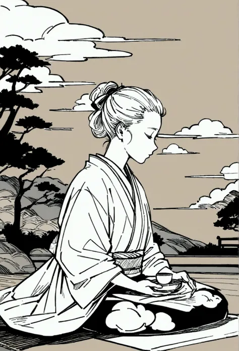  black and white image, line art ,  meditation , meditates, simple background, zen garden , tea ceremony, clouds in the background,  Japanese print style ,  horizontal drawing, character sits sideways, profile,  Horizontal composition  