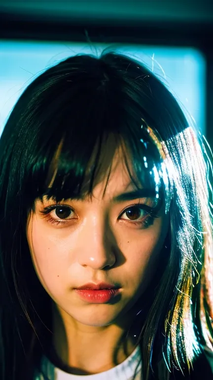 ultrahigh-res,best quality and best aesthetic,(film photography:1.2),film grain,film particles,grainy,from front,flash photography, a photo of a 20-year-old Japanese idol, solo focus, black hair, looking at viewer, mascara,black eyes,long hair, eye shadow,...