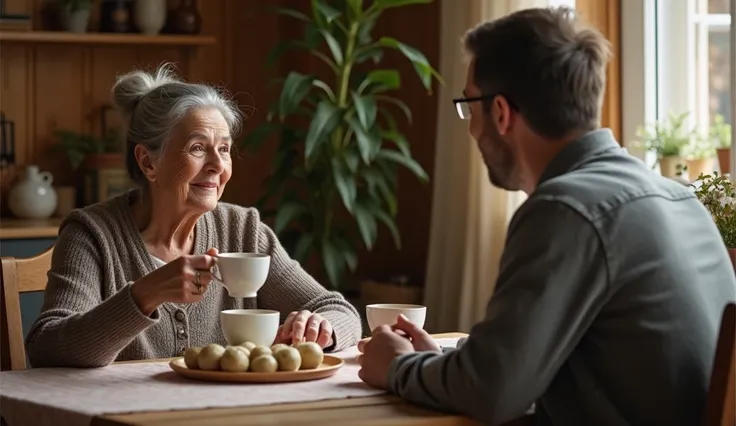 in a simple house,  decorated with rustic style and warm colors . in the center,  a wooden table with a cup of coffee and a small tray with dumplings. the grandfather,  a 70-year-old woman with gray hair tied in a bun with a warm smile,  serves coffee to h...