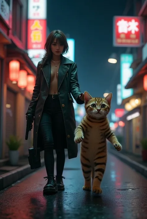  in the middle of the night in the neon district of Tokyo with the cutest brown tiger pattern kitten in the world and Magnum in her right hand４４The cutest  in the world with the cutest  in the world walks side by side 、((Realistic:1.3))、Smoky Streetscape 、...