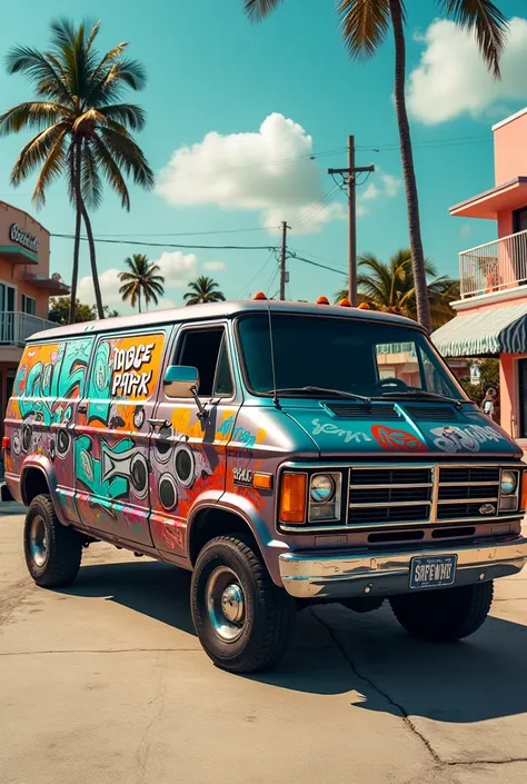 80s dodge van painted with sound system graffiti  art at miami south beach  in the 80s