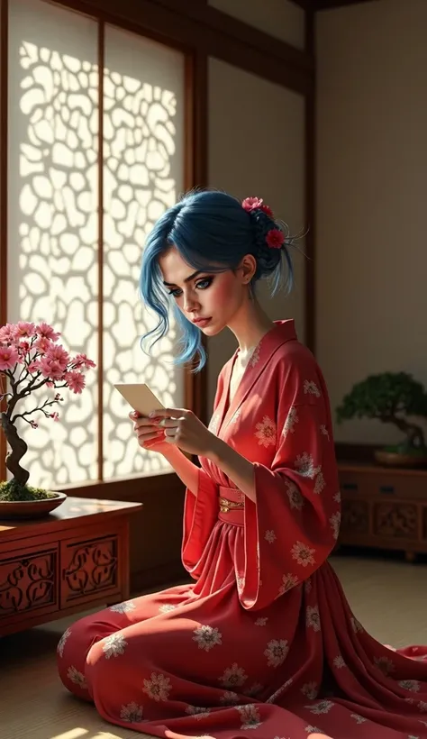 ultra realistic professional full body look to  camera   ((({elegant blue-haired woman in flowing red silk kimono-style sleepwear with cherry blossom patterns, discovering mysterious letter in traditional Japanese wardrobe, her expression showing subtle co...