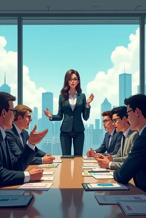 A young woman at a business meeting  ,  clients and partners mocking and belittling her idea of a company 
Successful software , anime style 