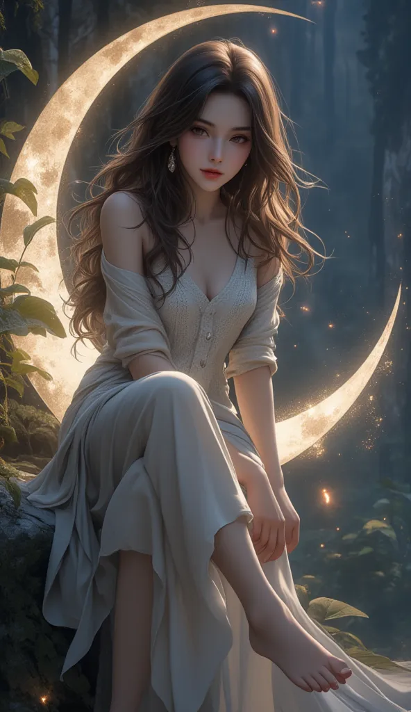 mysterious illustration fantasy art, beautiful woman sitting on a crescent moon, girly loose sweater and long skirt, various eff...