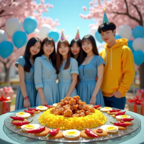 displays a very detailed original photo, 4 beautiful Korean woman with long hair with bangs, a casual blue dress, trendy high heals, standing in the middle position, in front of a round glass table, there is YELLOW RICE in the shape of a , decorated with e...