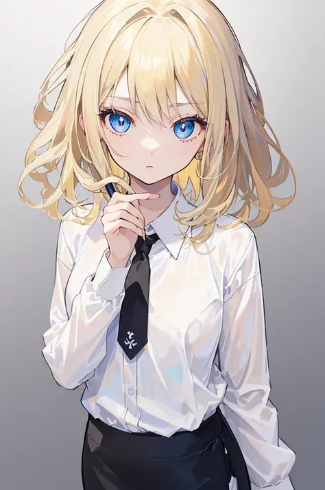 Japan, 1 girl, ((cowboy shot)), ((facing viewer, looking viewer), standing straight, (blue eyes, ((blonde hair), (wavy hair:0.65), medium hair)), ((white shirt, black necktie, black pencil skirt)), (gray background), Sharp Focus, ((Best Quality)), ((master...