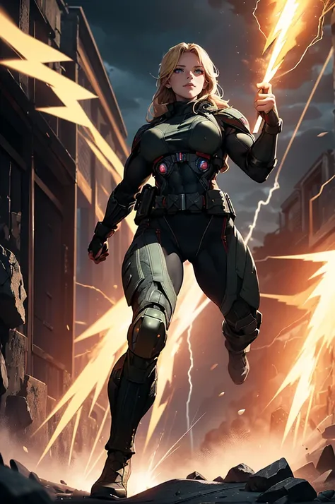 ((((1woman)))),(((((fullbody image))))),soldier clothes,(((((thunderpowers))))),(((((lighningpower))))),(((((muscular body))))),aesir goddess,blonde ,blue eyes , muscular body,(((military))),(((military clothes))),muscular body,muscular arms,power on hands...