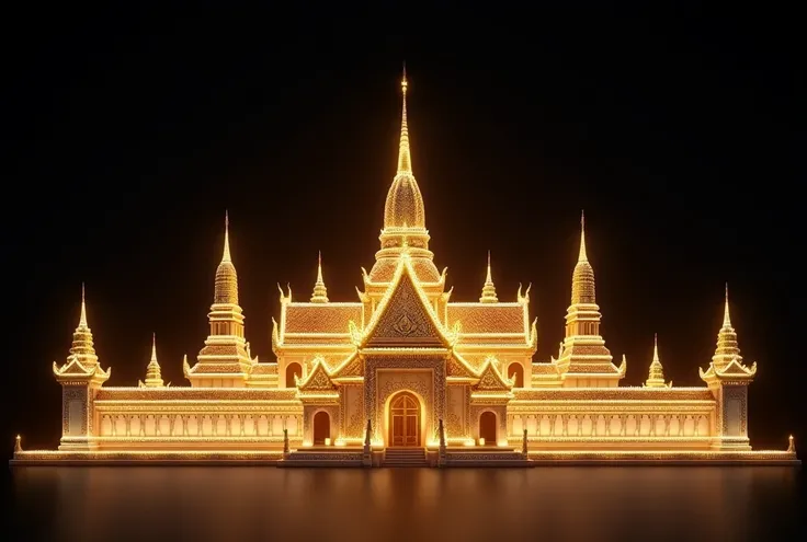 2D animated Grand Palace with sparkling lights around traditional Thai architecture, golden accents outlined in white, on a pure black background, high-resolution 8k, ideal for cultural or historical visuals