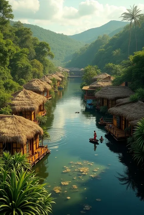 a small Brazilian indigenous city built on the water, trees from the Atlantic Forest, straw and wattle houses, small gardens, realistic lighting, lush greenery, detailed architecture, intricate cultural details, colorful buildings, calm water reflections, ...