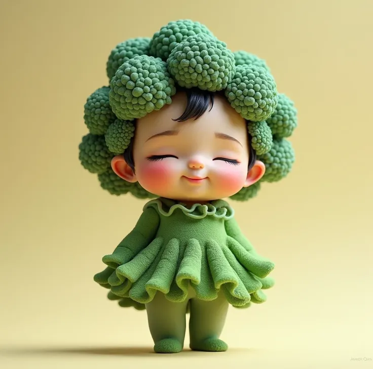 "A baby like a smiley-faced fair-skinned dull-faced girl, wearing a fluffy green broccoli dress, a bushy top and trunk-like legs.