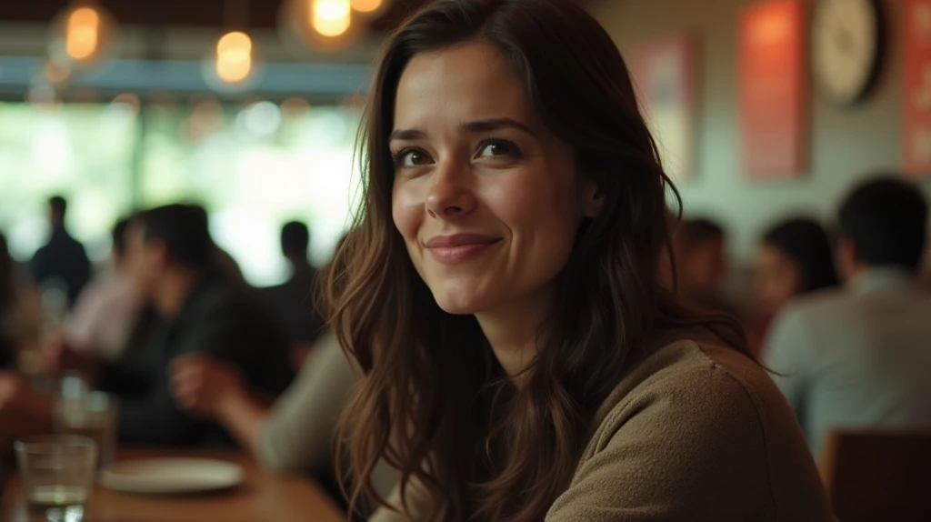 The woman with a tired expression gives a shy smile and blinks her eyes gently once, while people in the background eat their meals at a popular restaurant.