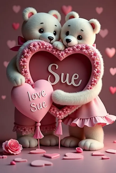  The picture shows a Valentines Day themed atmosphere with a teddy bear , heart, and flowers.
Gambar tersebut menampilkan bingkai besar berbentuk heart dengan nama "SUE"  written in connecting letters on its red background .  The frame is decorated with pi...