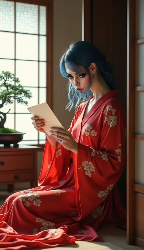 ultra realistic professional full body look to  camera   ((({elegant blue-haired woman in flowing red silk kimono-style sleepwear with cherry blossom patterns, discovering mysterious letter in traditional Japanese wardrobe, her expression showing subtle co...