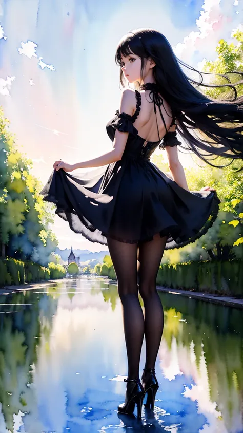 (masterpiece:1.2, Highest quality),(Very detailed),(((watercolor))),8K,wallpaper,Landscape of France,Bordeaux, the port of the moon,(((Transparent watercolor))), a girl, solo, 18 year old girl, looking back, back view, Standing looking diagonally up and to...