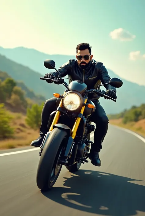 Generate a realistic image Virat Kohli skillfully driving a bike on highway 