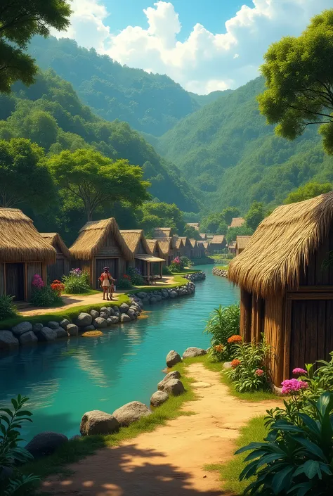 a small Brazilian indigenous city built on the water, with trees from the Atlantic Forest , straw and wattle house, small gardens 