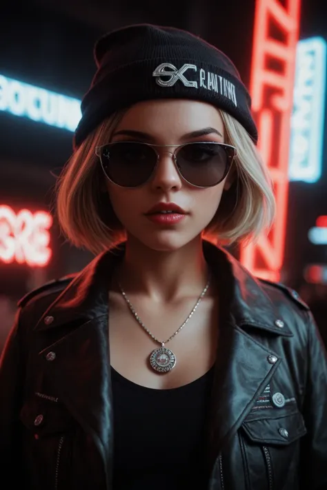 Enlarged face ,  alternative girl ,  looking through black sunglasses, jacket, necklace,  reflections of neon light on the skin, Sergeant, makeup,  Skin imperfections,  Short hair, beanie hat, Neon lights background, weak light,  depth of field ,  high det...