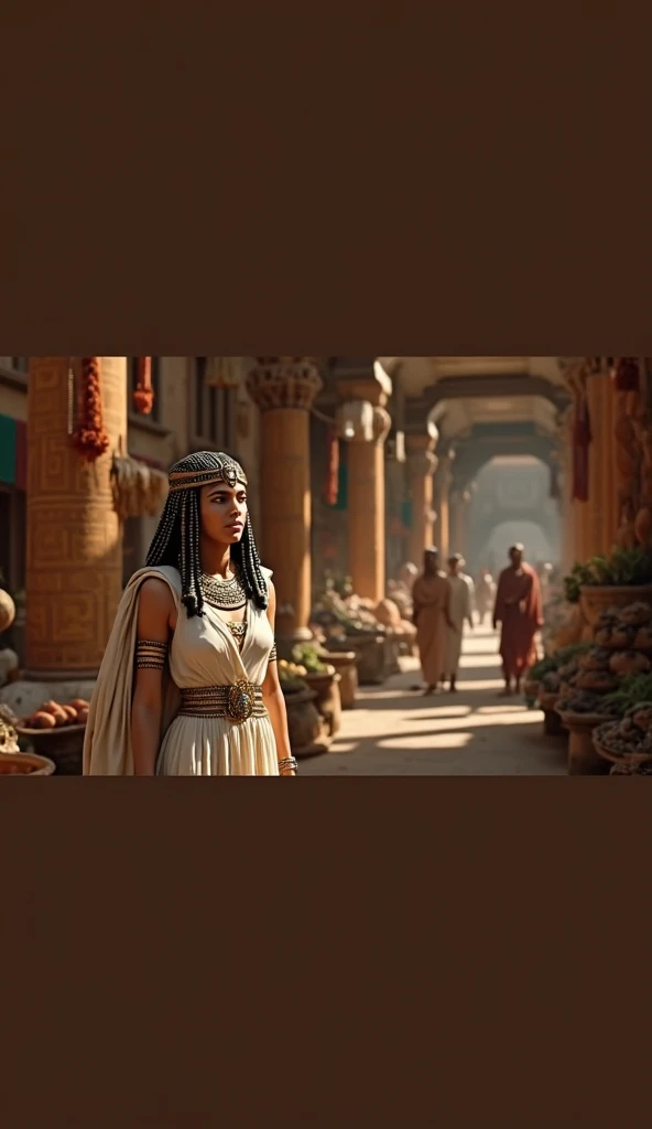 a photorealistic image of ancient Egyptian queen cleopatra in ancient egyptian market place talking to the egyptian farmers