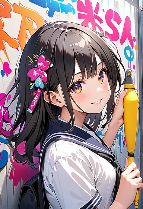 (Masterpiece, BestQuality:1.2),(japanese school girls, are drawing graffiti on the wall).,in school-uniforms, november, tween,beautiful detailed face,. Pop and artistic graffiti. Catchy logo mark. spraying spray. paint splatters, so fun,happily,smile,