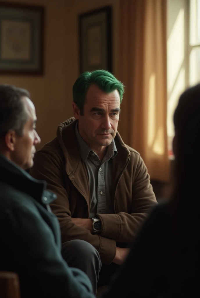 " Arthur Fleck inside a community support center ,  sitting next to people who have also faced difficulties, giving them their support .  The image shows a soft light on them ,  with Arthur listening carefully to ,  reflecting a role of mentor or guide ."
