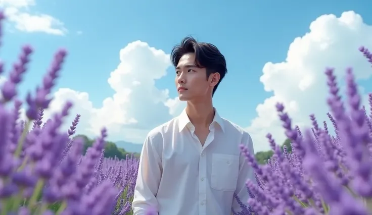  Japanese, 23-26, Handsome man,  fair skin, black eyes（thin eyes 1：3), (Super detailed, best quality, 4K, High resolution, masterpiece:1.3)  Lavender field, summer outfit,