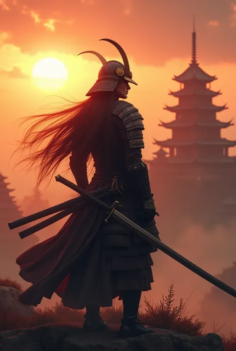 (photorealism:1.2), a very handsome and charismatic looking japanese samurai warrior, standing on top of the very high ancient fortress, wearing a big black monstrous armor, wearing a monstrous japanese warrior helmet, holding along and shiny katana, long ...